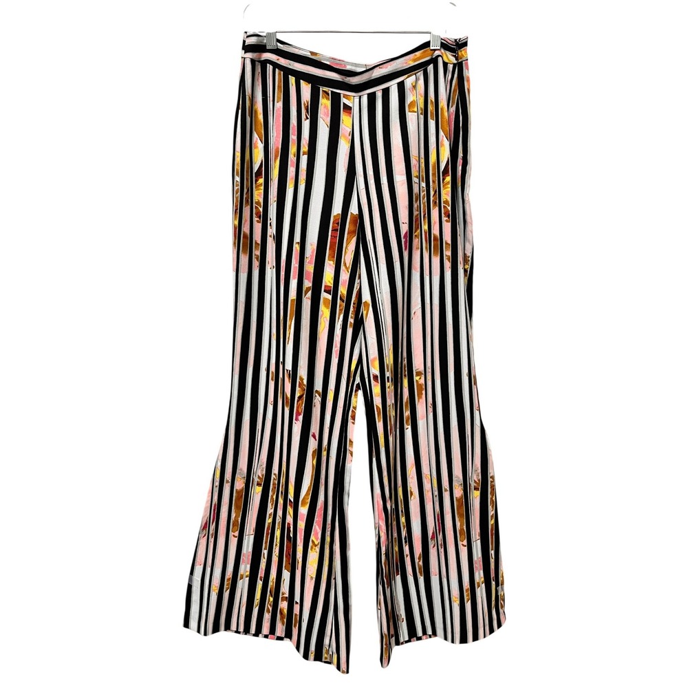Bisou Bisou Michele Bohbot Striped Floral Wide Leg Pants Pink Black White Size M